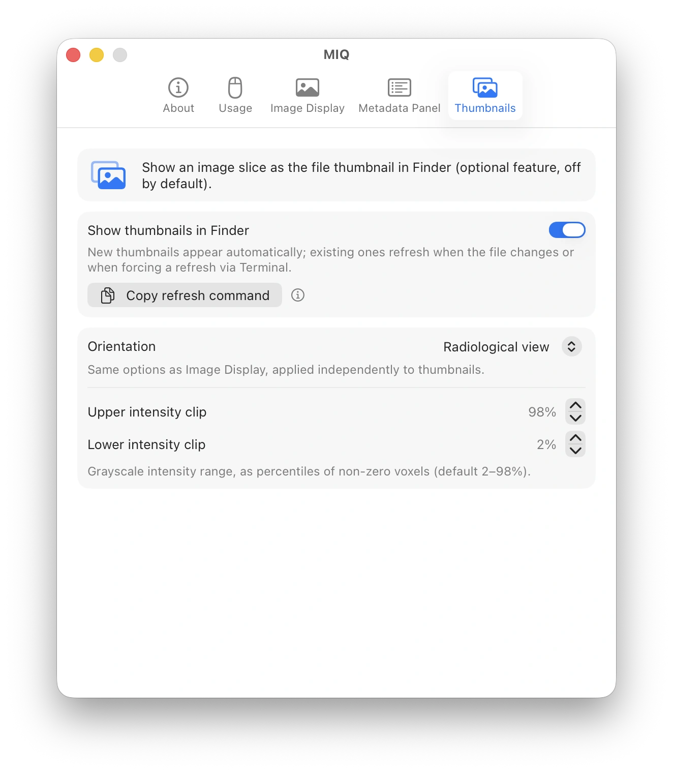 MIQ settings — metadata panel